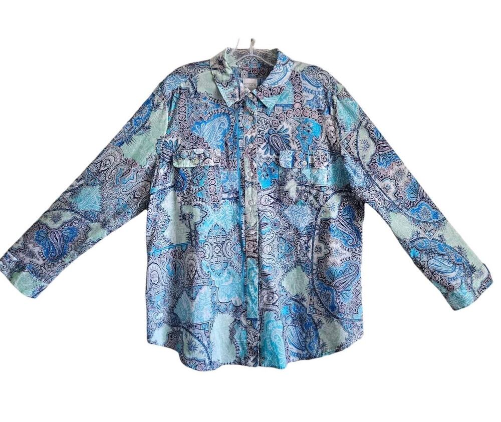 CHICO'S 3 Women's Petite 16P Shirt Blue Paisley Roll Up Tabs Cotton 44"
